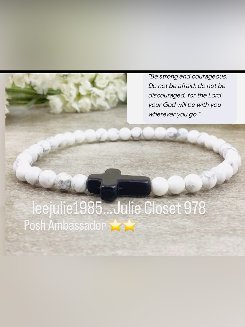 #3369*Julie Closet White Howlite Bead Bracelet with Black Cross